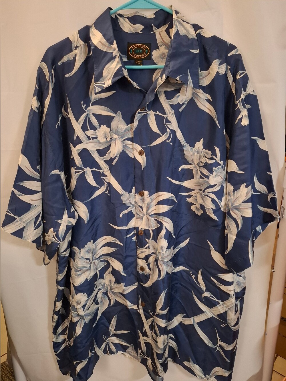 Men's Silk Floral Button-Up Shirt Navy Blue Size XXL